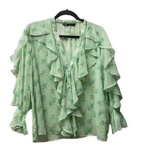 Zara Green Floral Ruffle Button Up Top Size S